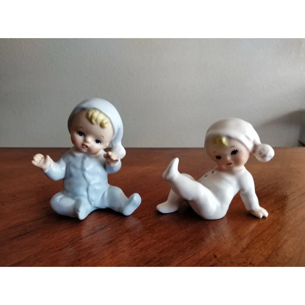 Vintage Figurines Japan Lot Of 2 Pajama Baby Pixie Norcrest 1950s 60s Blue Wht